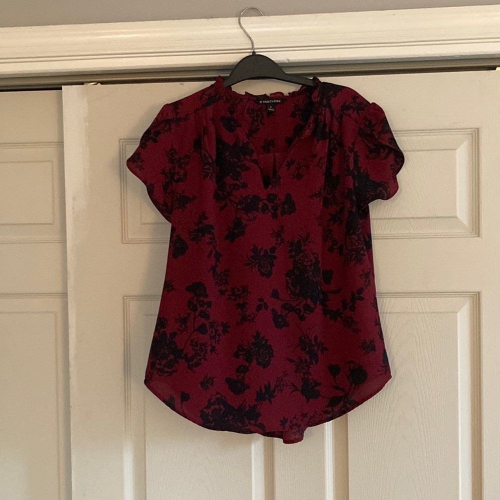 41 Hawthorn Blouse size MED ,100% polyesterBurgundy with dark navy blue